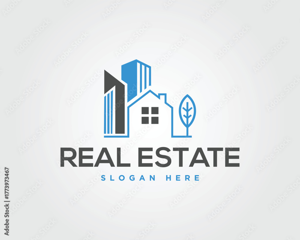 Fototapeta premium Blue and grey house and skyscraper logo with real estate text vector template home