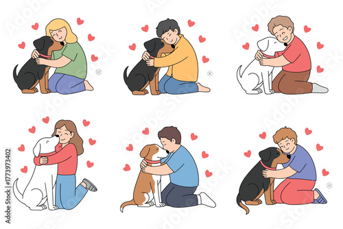 Kids Petting Dogs Vector Illustration – Happy Children Hugging Puppies, Smiling Boys and Girls Playing with Domestic Pets, Best Friends Image