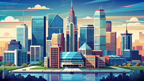 Very beautiful close aerial view of downtown Indianapolis skyscrapers, showcasing modern high-rise architecture, reflective glass facades, and the dynamic urban skyline under a bright clear sky.