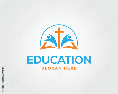 Blue and orange abstract figures reaching towards cross above open book vector template education