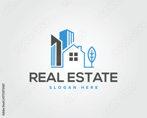 Blue and grey house and skyscraper logo with real estate text vector template home