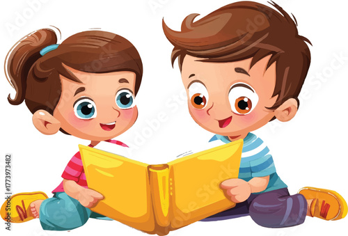cute cartoon-style kids reading a book, a boy and a girl holding a yellow, open storybook with a white background, vector illustration, logo design in the style of cartoon