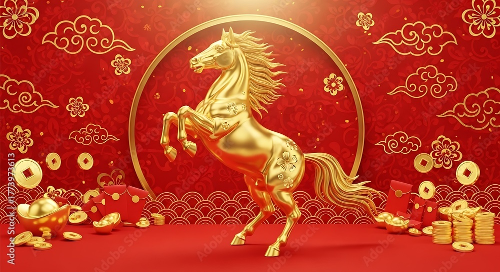 Fototapeta premium Golden horse statue on a red background with clouds and coins symbolizes wealth and prosperity for chinese new year celebration
