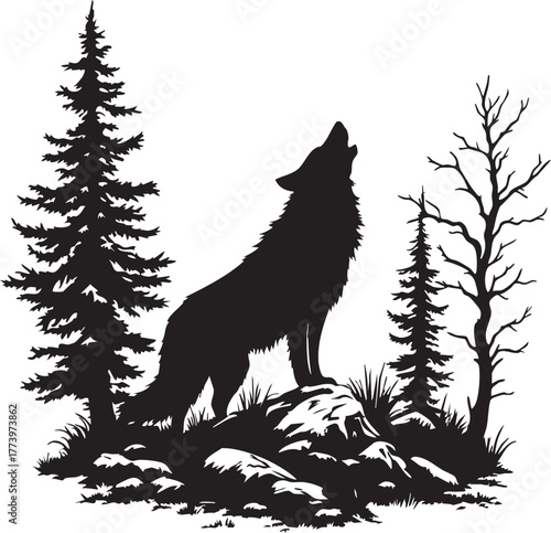 Howling wolf on rocky outcrop black and white vector illustration for wilderness nature and primal storytelling design