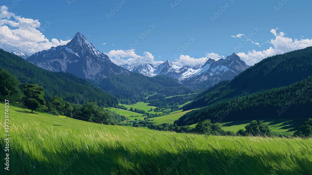 Obraz premium Lush green valley with a winding river and snowcapped mountains under a clear blue sky with fluffy clouds
