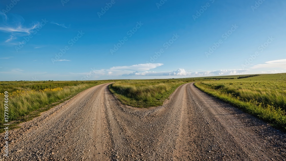 Obraz premium A dirt road split into two paths in a grassy field under a blue sky.