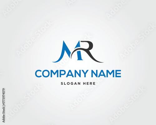 Blue and vector template Black M R Monogram Logo with Company Name Text letter initial