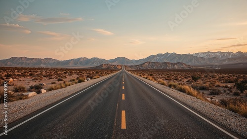 Long road stretching into the distance with mountains in the background and a clear sky, open desert landscape with dry vegetation.