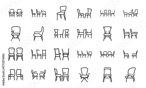 Education and Achievement Line Icons Set – Medal, Classroom Seats, Pencils, Online Learning, History Subject, Flowchart, Report Card, Teacher Desk, Student Award, and Pie Chart Symbols on White Backgr