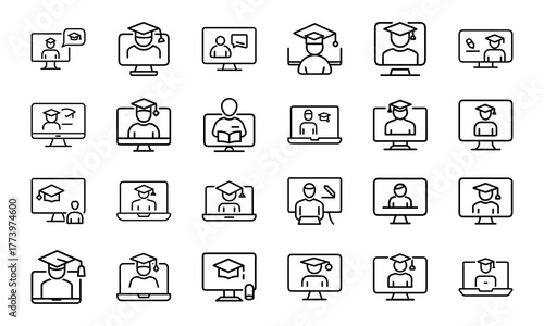 Education and Achievement Line Icons Set – Medal, Classroom Seats, Pencils, Online Learning, History Subject, Flowchart, Report Card, Teacher Desk, Student Award, and Pie Chart Symbols on White Backgr