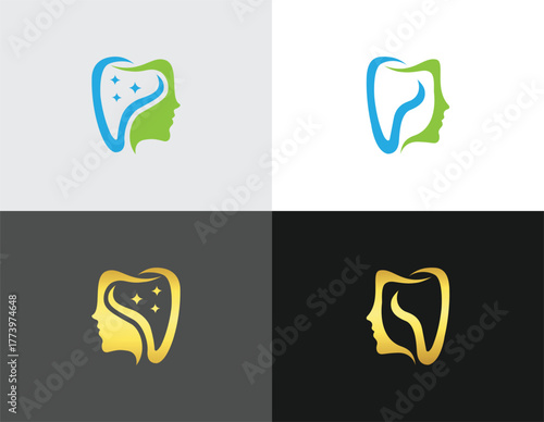 Dental care logo with tooth and profile of a woman in blue green and gold vector template health