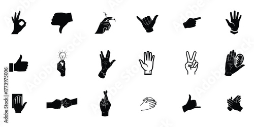 Hand sign glypy icon set,OK Hand Sign, Thumbs Down, Hand Holding Cigarette, Shaka Sign, Pointing Finger, Open Palm, Thumbs Up, Hand Holding Lightbulb, Vulcan Salute, Peace Sign, vector silhouette