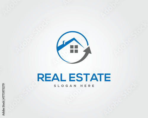 Blue house icon with upward arrow and text real estate slogan here vector template home property