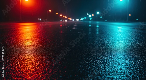 Rainy street at night with colorful neon light reflections on wet asphalt. Urban background with bokeh. Vibrant city illumination