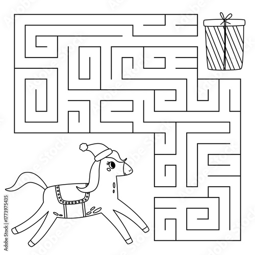 Happy Chinese New year line maze game for kids. Cute horse looking for a way to the gift box. Printable worksheet with solution for school and preschool. Vector cartoon illustration.