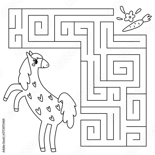 Animal line maze game for kids. Cute horse looking for a way to the carrot. Printable worksheet with solution for school and preschool. Vector cartoon illustration.