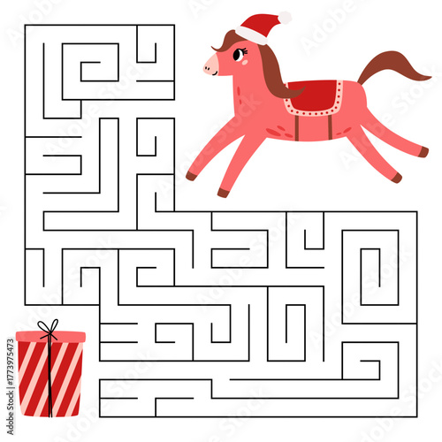 Happy Chinese New year maze game for kids. Cute horse looking for a way to the gift box. Printable worksheet with solution for school and preschool. Vector cartoon illustration.