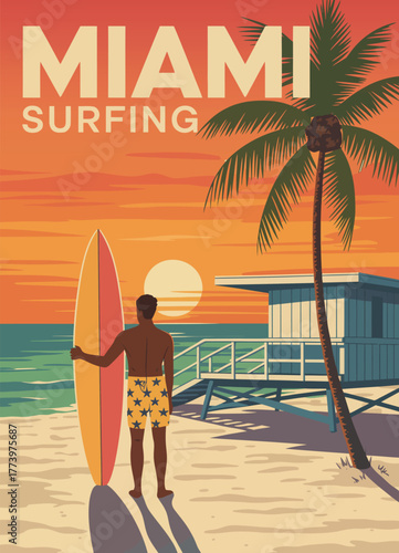 Miami Beach Retro Poster – Surfer with Surfboard, Lifeguard House, Palm Trees, Ocean Coast, and Vintage Vector Illustration