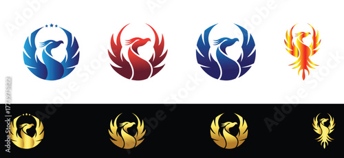 Collection of stylized phoenix bird logos in various colors and backgrounds vector template symbol
