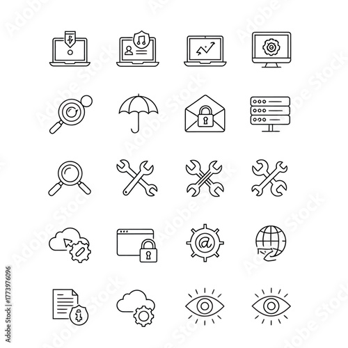 Set of Outline Icons for Technology and Business security laptop computer tool wrench cloud computing data protection server email
