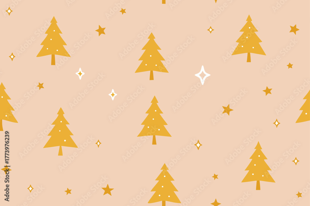 Obraz premium 🎄 A seamless vector pattern with festive pine and fir Christmas trees, stars, and snow for winter holiday celebration decoration and New Year cards