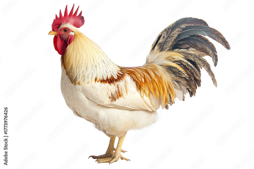 Fototapeta premium White and light brown rooster with raised feathers stands proud in the early morning sunlight on a farm setting