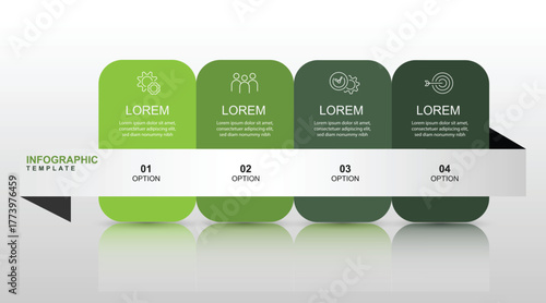 Vector template infographic with 4 step columns green colors and paper style above in the mirror concept