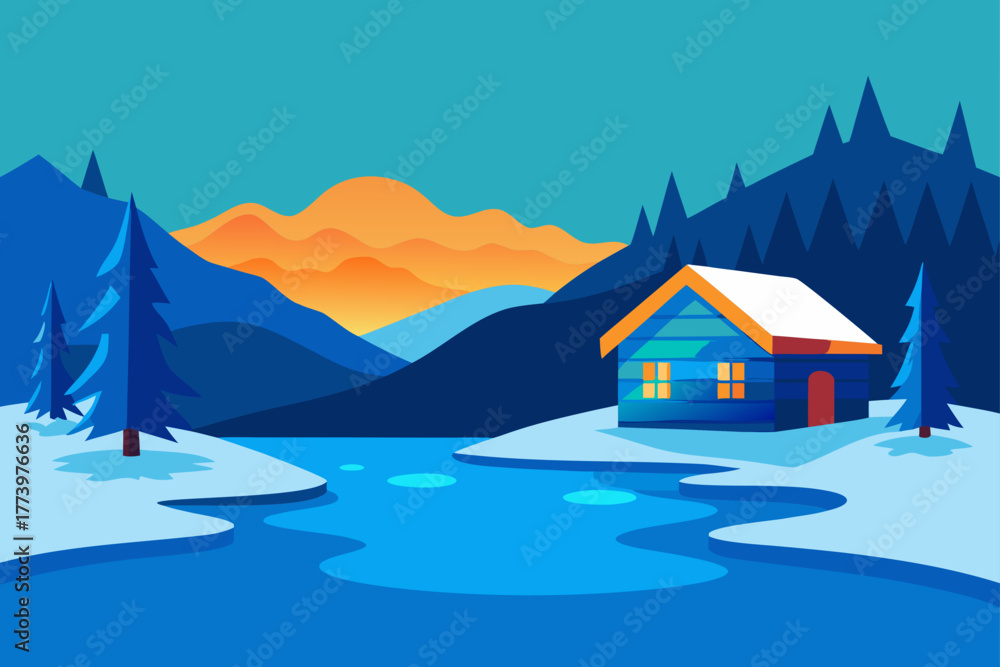 Fototapeta premium Christmas vector illustration of a house in a snowy mountain landscape with a night sky