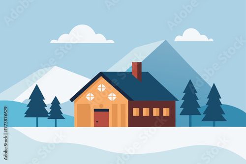 Christmas winter landscape with houses in the mountains, an illustration of a snowy village town at night