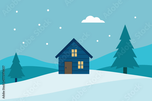 Cartoon style illustration of a cozy cottage in a snowy winter village landscape at night with Christmas decoration