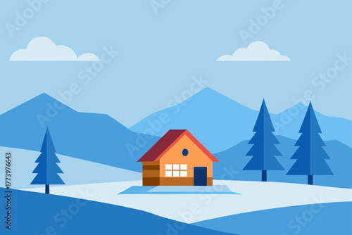 A snowy winter landscape featuring a small house or cabin nestled in the mountains among trees
