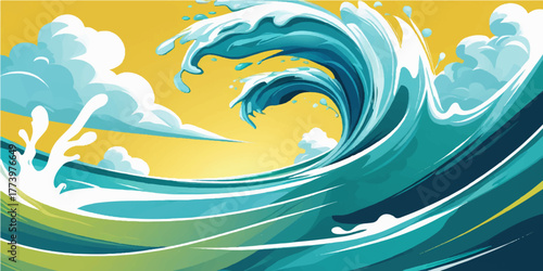 Blue sky ocean wave background illustration vector pattern for summer beach splash art design