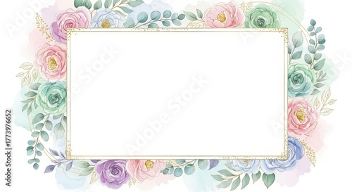Wallpaper Mural Floral Watercolor Frame with Roses - A decorative frame of pastel watercolor roses and leaves surrounds a blank white space, perfect for adding text or graphics Torontodigital.ca
