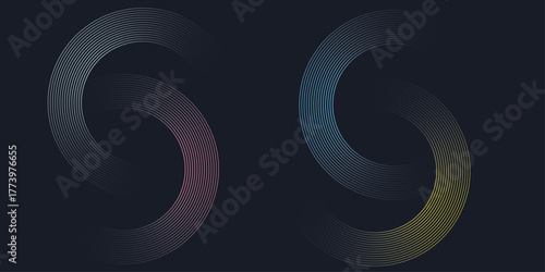 Abstract horizontal banner background with glowing geometric circle. Glowing circle lines on dark blue background. Modern futuristic graphic Suit for poster, banner, brochure, modern arts