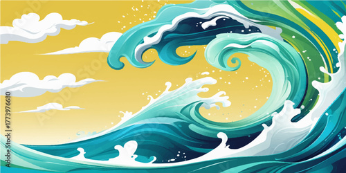 Vector illustration of a happy dolphin jumping out of the blue ocean waves under a summer sun and sky