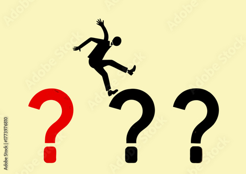 Man Navigating Ambiguity on Question Marks - Conceptual Business Metaphor
