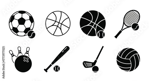 Various sports equipment icons including balls racquets and bowling pins