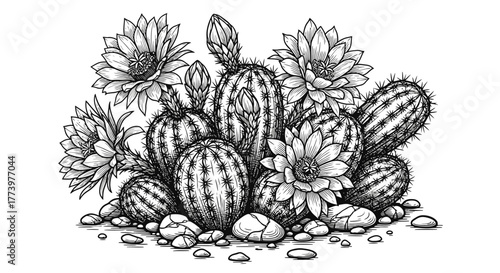 Exquisite Cactus Blossom Illustration in Detailed Line Art, Perfect for Botanical Studies, Coloring Books, and Desert-themed Designs, suitable for Adobe Stock.