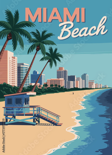 Miami Beach Retro Poster – City Skyline, Lifeguard House, Coastline, Surf and Ocean Waves Vintage Vector Illustration