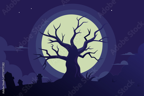 Dark spooky Halloween night landscape with full moon, black tree silhouette, and bats flying over a scary cemetery graveyard illustration
