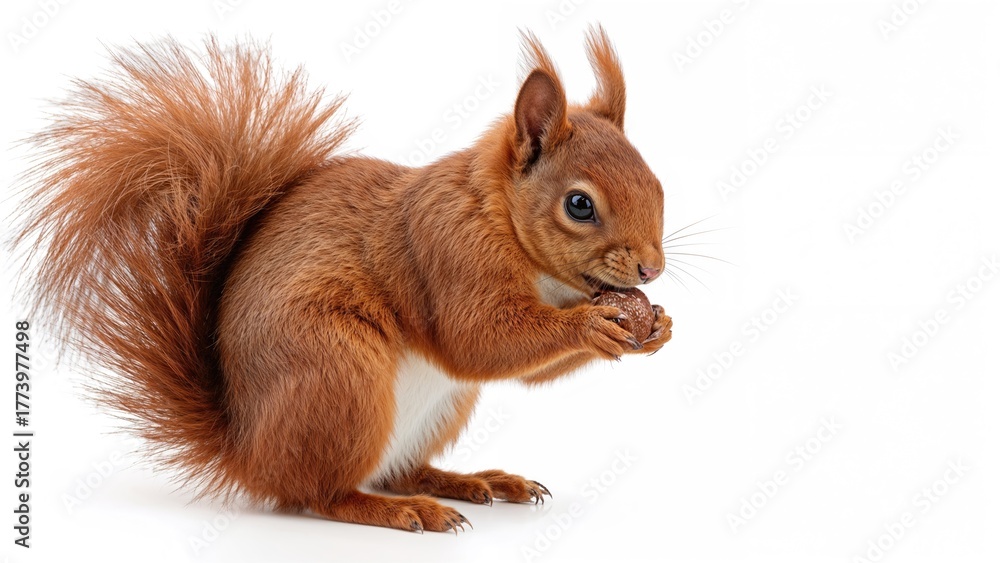 Fototapeta premium A squirrel with reddish fur holding a nut, isolated on white background.