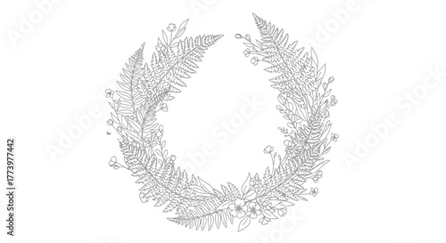 Delicate fern and floral wreath illustration for elegant invitations, stationery, and botanical design projects. Ideal for wedding themes, nature-inspired branding, and fine art prints.