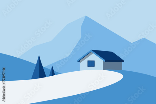 A beautiful winter mountain landscape features a small, snowy house or chalet nestled among the trees under a cold sky