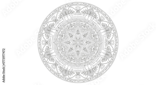 Intricate circular mandala design featuring symmetrical patterns and floral elements for coloring books, meditation aids, and decorative art projects.