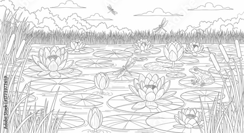 Serene pond scene featuring lily pads, water lilies, reeds, dragonflies, and a frog, ideal for coloring books, educational materials, or relaxation art projects.