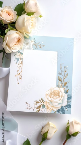Elegant floral stationery with cream roses and decorative elements, set on a light blue background