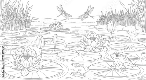 Serene Pond Landscape Featuring Water Lilies, Dragonflies, and a Frog, Ideal for Coloring Books, Relaxation, and Nature-Themed Educational Resources