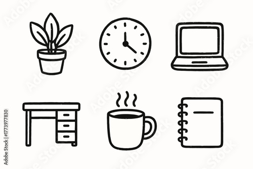 Minimalist office icons set featuring plant, clock, laptop, desk, coffee, and notebook