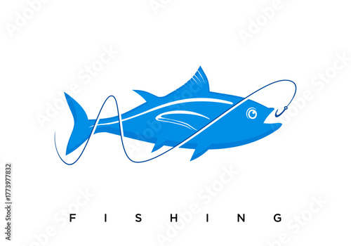 fish logo icon design vector with fishing hook