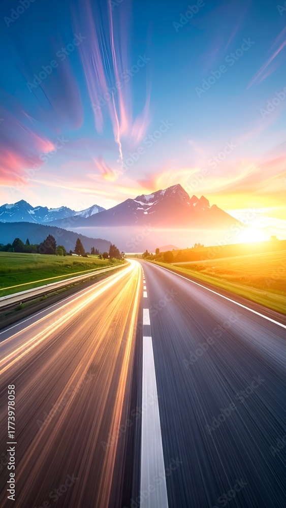 Naklejka premium Scenic sunset view of a winding road leading to majestic mountains under a vibrant sky